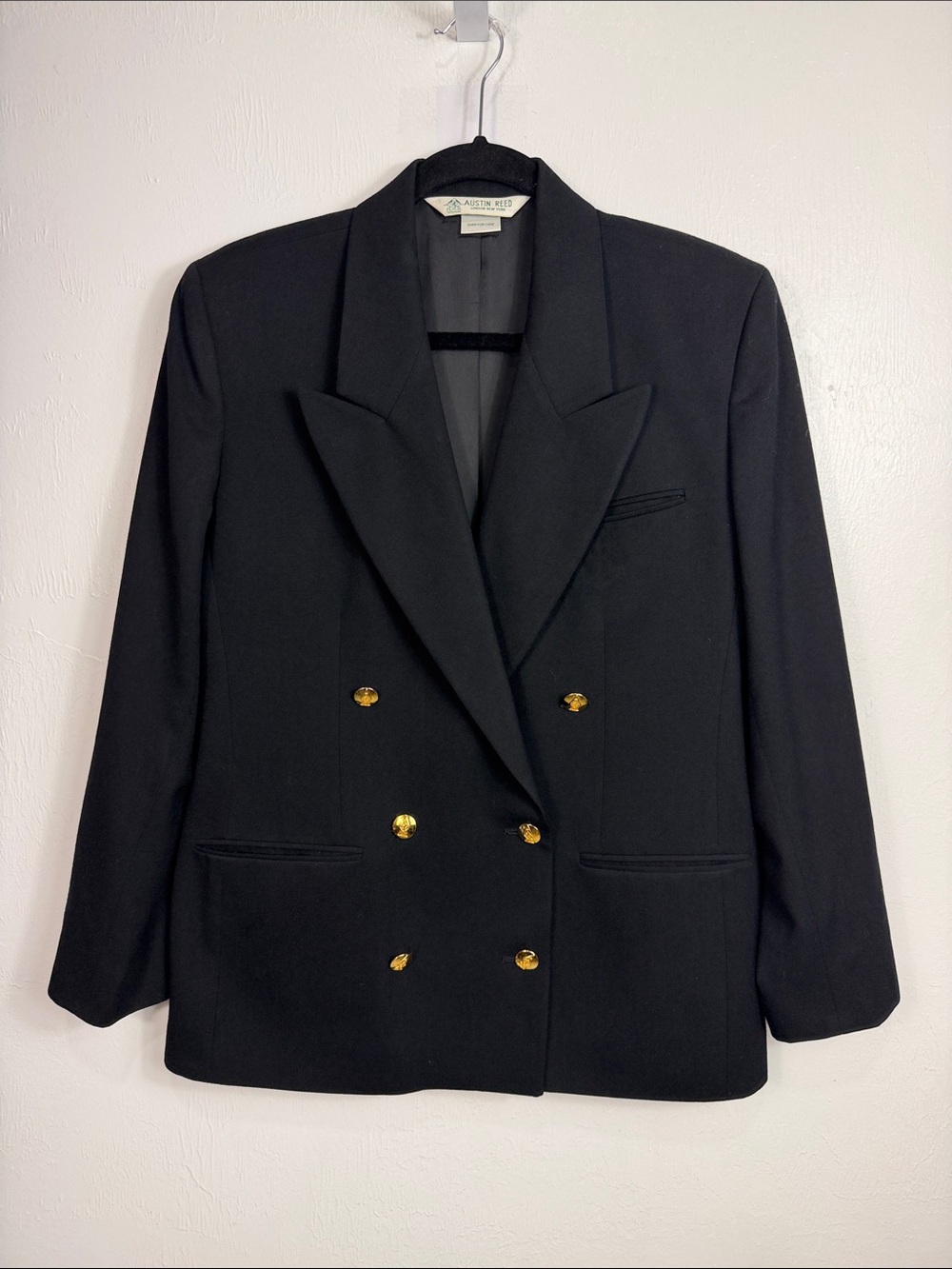 Vintage Austin Reed Black Wool Blazer Gold Button Double Breasted Jacket Size 8 - Picture 3 of 12